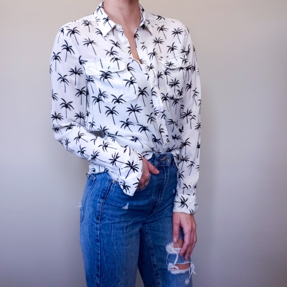 Ae Button Down Collared Palm Tree Blouse White - image 7